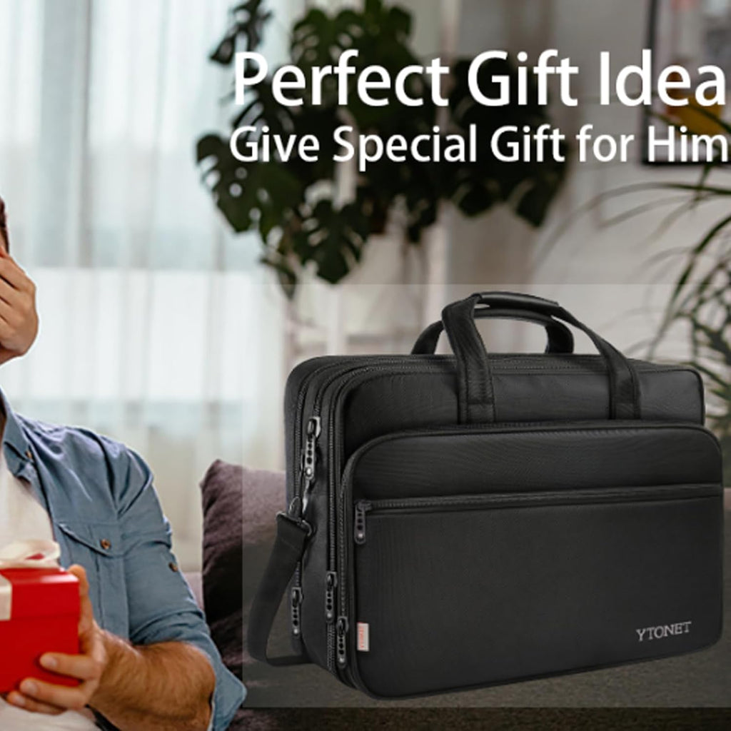 Ytonet Laptop Briefcases for Men, 17 Inch Expandable Briefcase Computer Bags for Laptop for Men, Water Resistant Multi Compartments Men's Work Bag with Luggage Strap for Bussiness Travel, Black