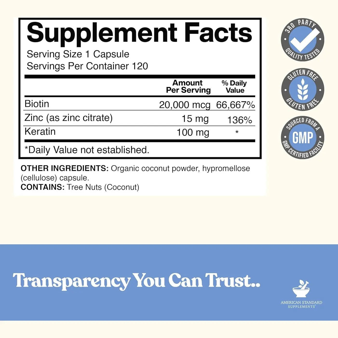 American Standard Supplements Biotin 20,000mcg with Keratin, Coconut Powder and Zinc, Biotin Supplement for Women and Men,120 Veggie Capsules, 120 Day Supply