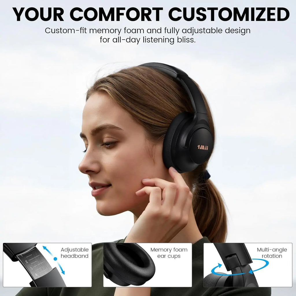 1Mii Y8 Noise Cancelling Headphones Bluetooth, Wireless LDAC Hi-Res Audio, Custom EQ, 75H Playtime, Comfort Fit, Over Ear Headphones Foldable for Airplane Travel Home Office - App Enhanced Black