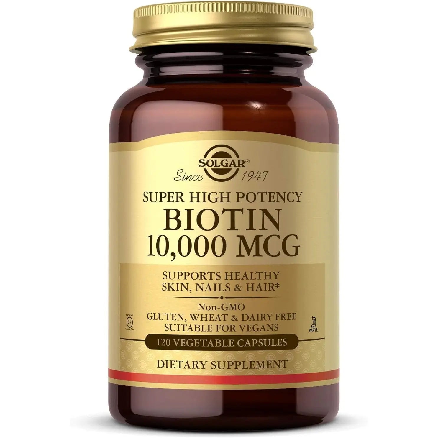 Solgar Biotin 10000 mcg Vegetable Capsules Energy Metabolism Promotes Healthy Skin Nails Hair Super High Potency NonGMO Vegan Gluten Free Dairy Free Kosher Servings, Standard Packaging, Unflavored, 120 Count