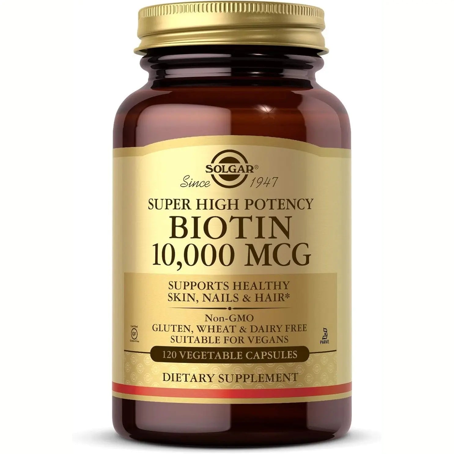 Solgar Biotin 10000 mcg Vegetable Capsules Energy Metabolism Promotes Healthy Skin Nails Hair Super High Potency NonGMO Vegan Gluten Free Dairy Free Kosher Servings, Standard Packaging, Unflavored, 120 Count