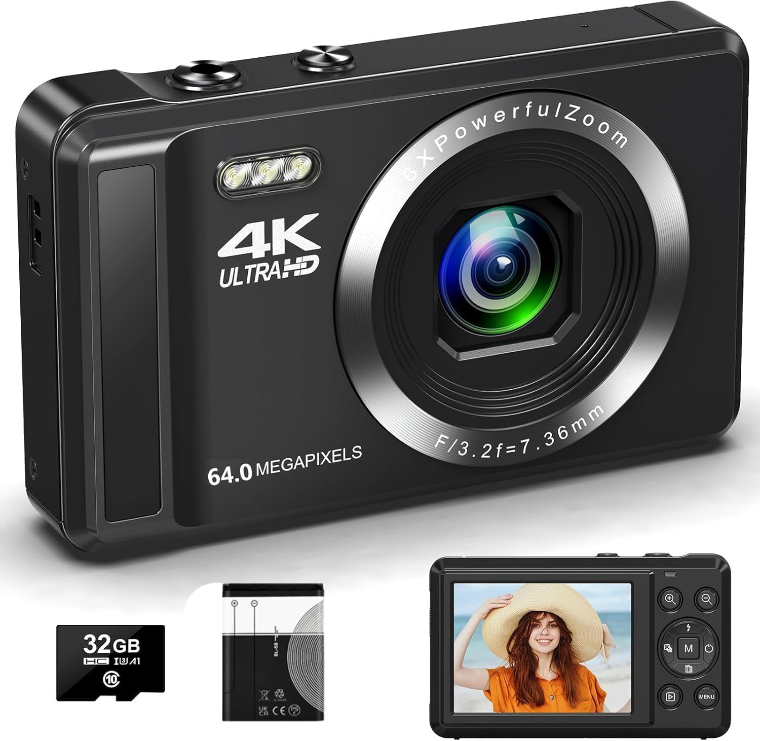 4K 64MP Digital Camera with 32GB SD Card for Photography, Auto Focus Portable Mini Compact Camera for Boys, Girls, Children, Beginners, Teenagers with 16X Digital Zoom and 2 Batteries