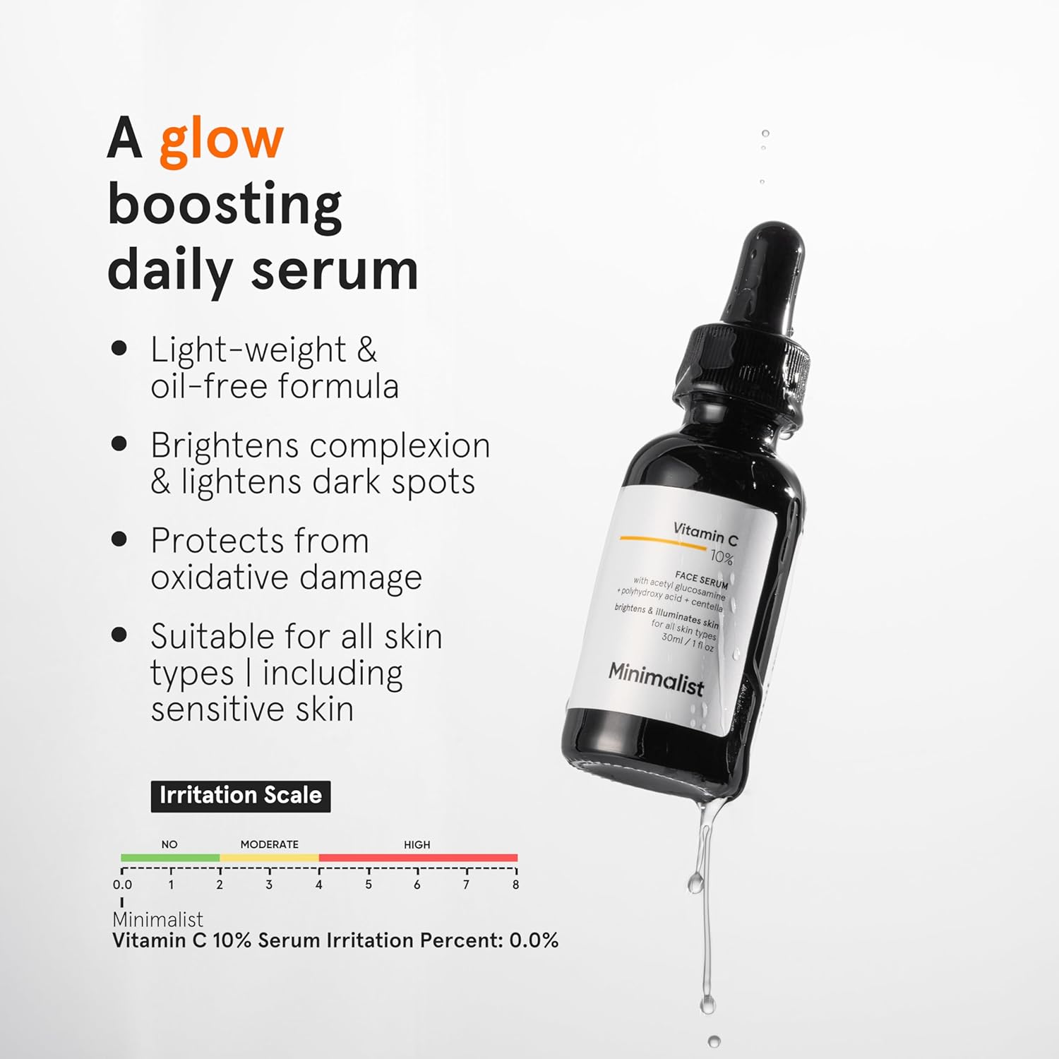 Minimalist 10% Vitamin C Face Serum for Skin Brightening | Highly Stable & Effective Face Serum with pure Ethyl Ascorbic Acid & Acetyl Glucosamine for Glowing Skin | 30ml