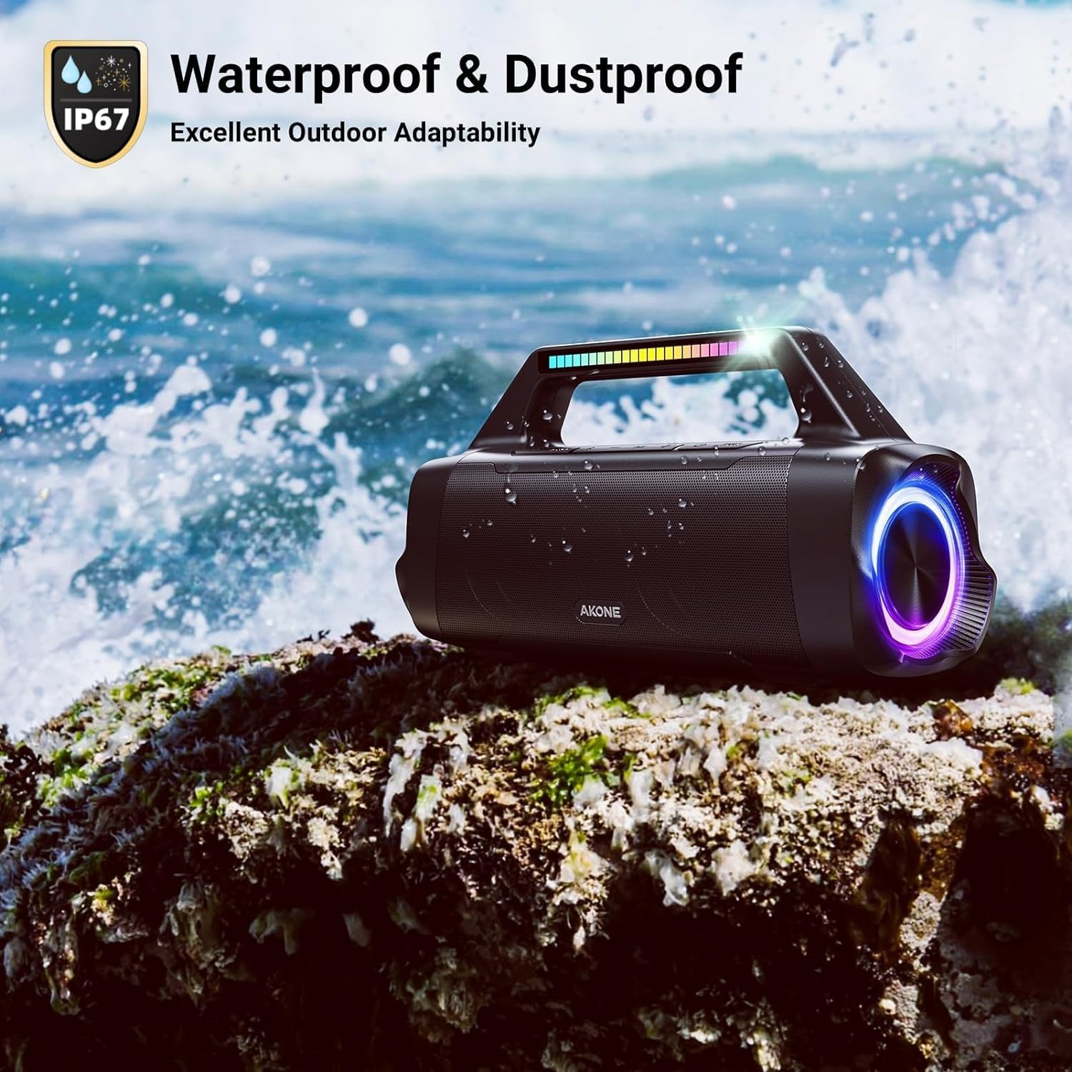 AKONE Bluetooth Speaker, 80 W Peak Music Box, Bluetooth Large Bass Boost with LED Light, Rolling Stereo Sound Box, 20 Hours Battery, IP67 Outdoor Speaker, Boombox for Parties, Beach, Camping