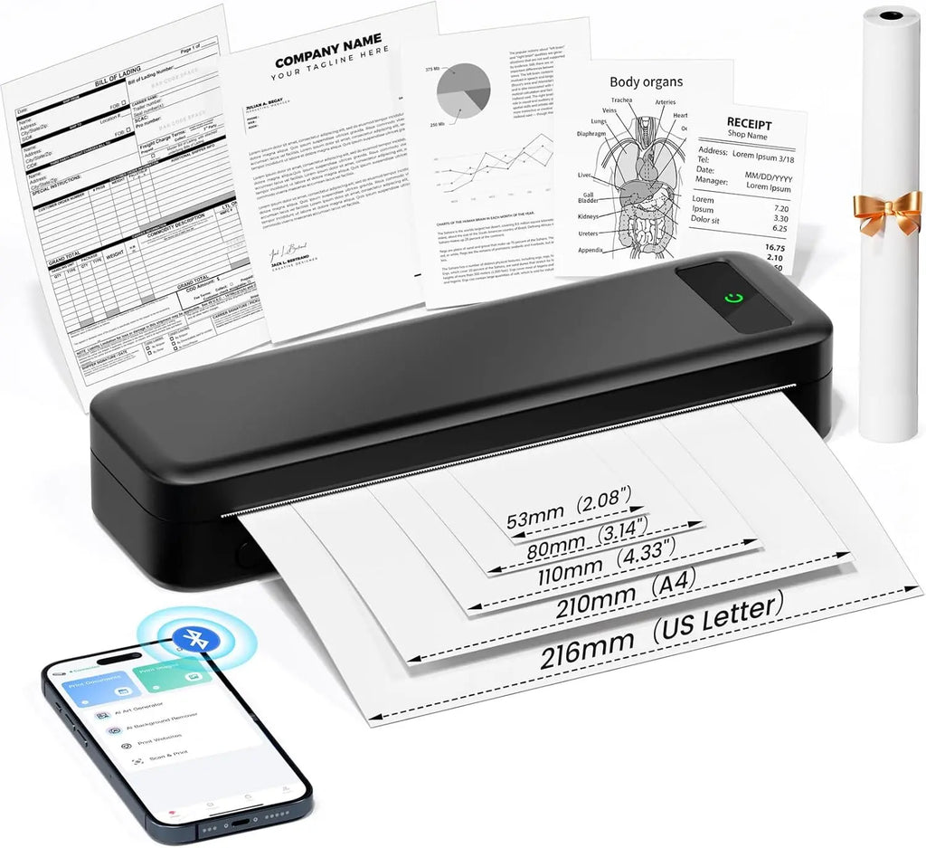 Black mobile thermal printer outputting A4 invoices and business labels