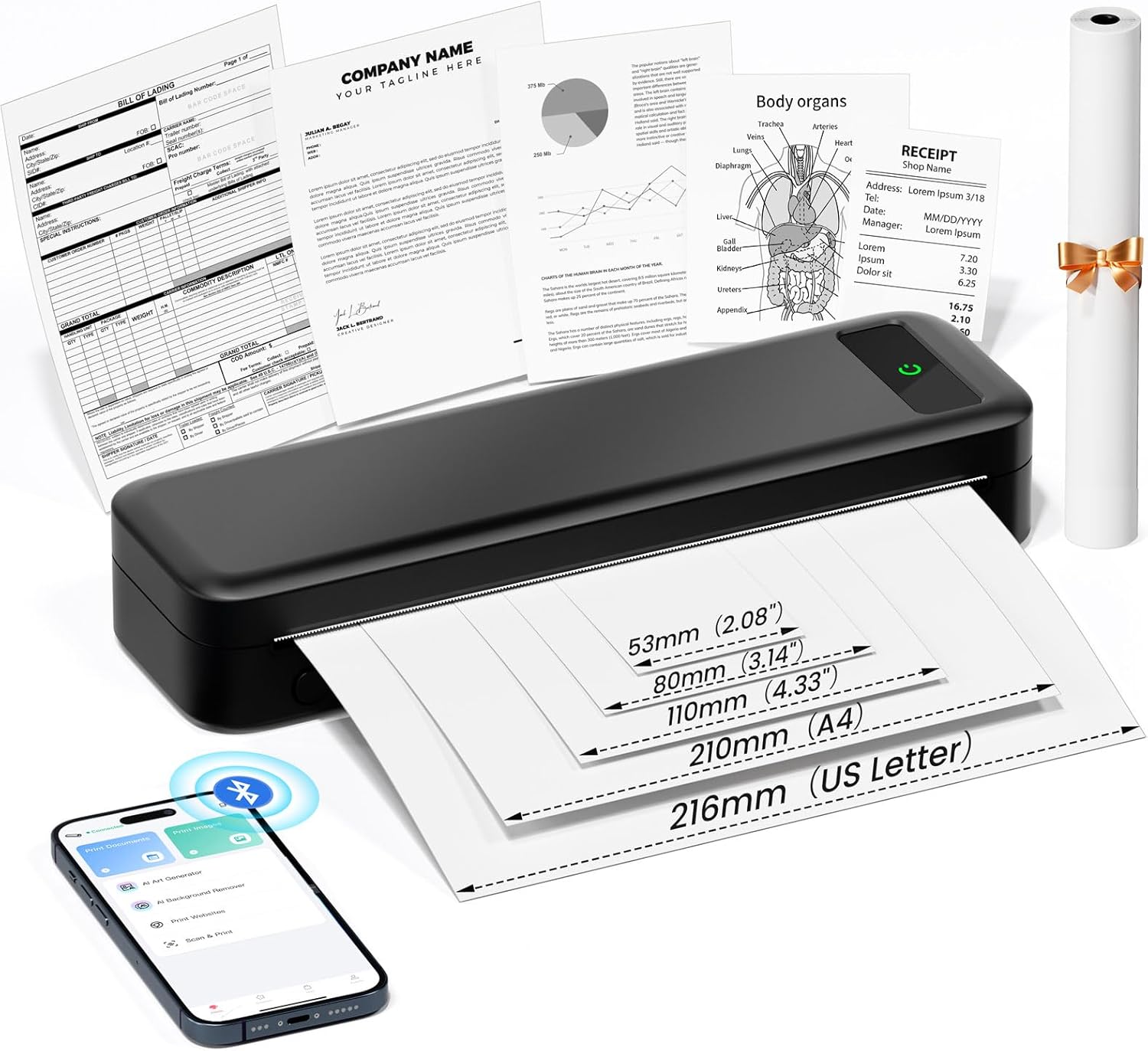 Portable Printers Wireless for Travel, Inkless Thermal Printer, Small Bluetooth Mobile Printer Support 8.5" X 11" Letter & A4 Thermal Paper, Compatible with iPhone Phone Laptop for Home Office Receipt