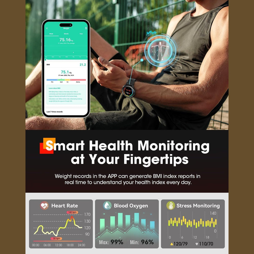 Smart Watches for Men, Bluetooth Call Military Smart Watch, Waterproof Fitness Tracker with Heart Rate/Blood Oxygen/Sleep Monitor/124 Sports Modes, Tactical Watch for Android Phones & iPhone (Black)