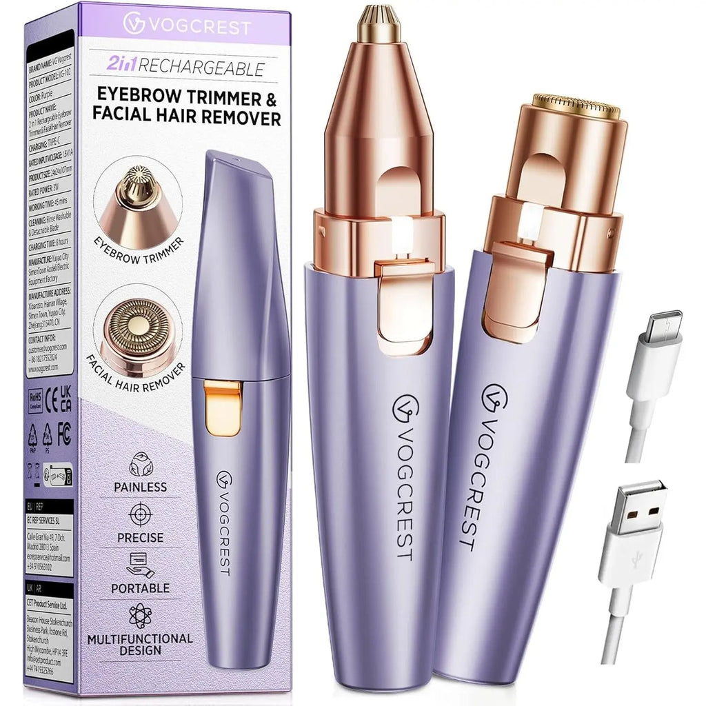 Purple and rose gold 2-in-1 rechargeable eyebrow trimmer with USB-C cable and packaging