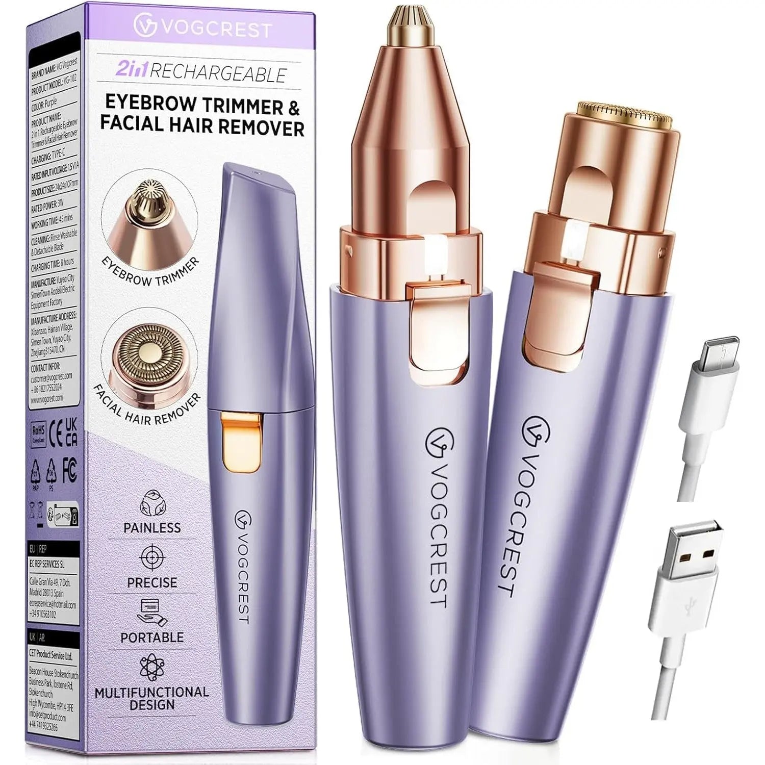 Purple and rose gold 2-in-1 rechargeable eyebrow trimmer with USB-C cable and packaging