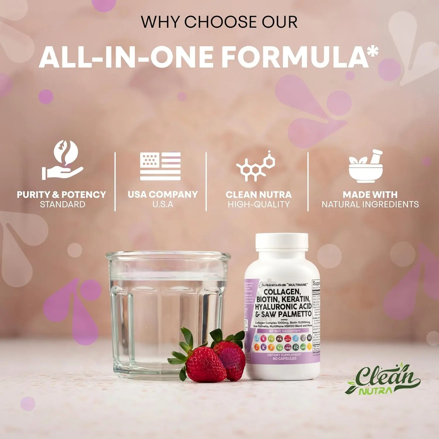 Collagen hair skin nails vitamins bottle next to water and strawberries with purity icons