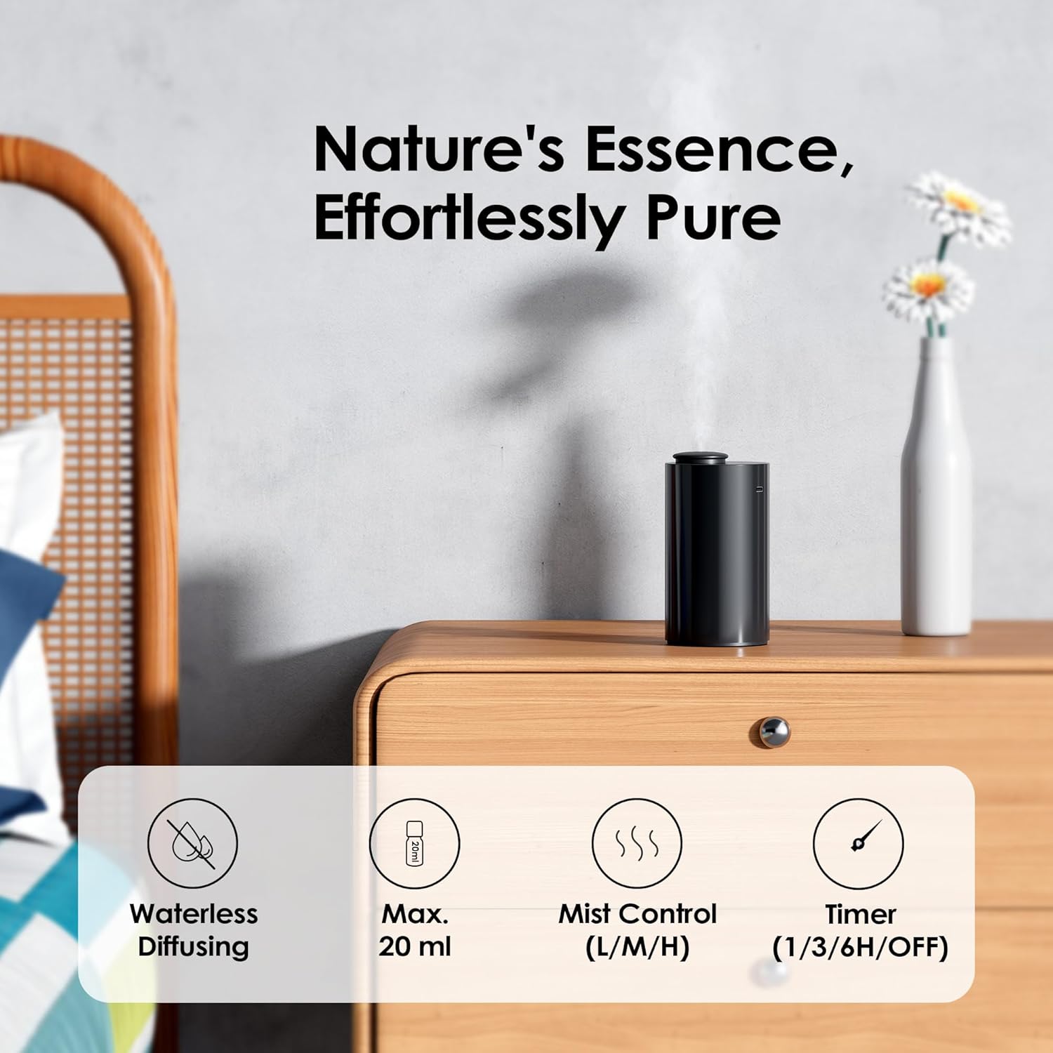 Airversa Water Free Diffuser for Essential Oils Battery Operated Mini Aroma Machine Aromatherapy 4 Timers 3 Steam Levels for Home Car Office AN6 Black