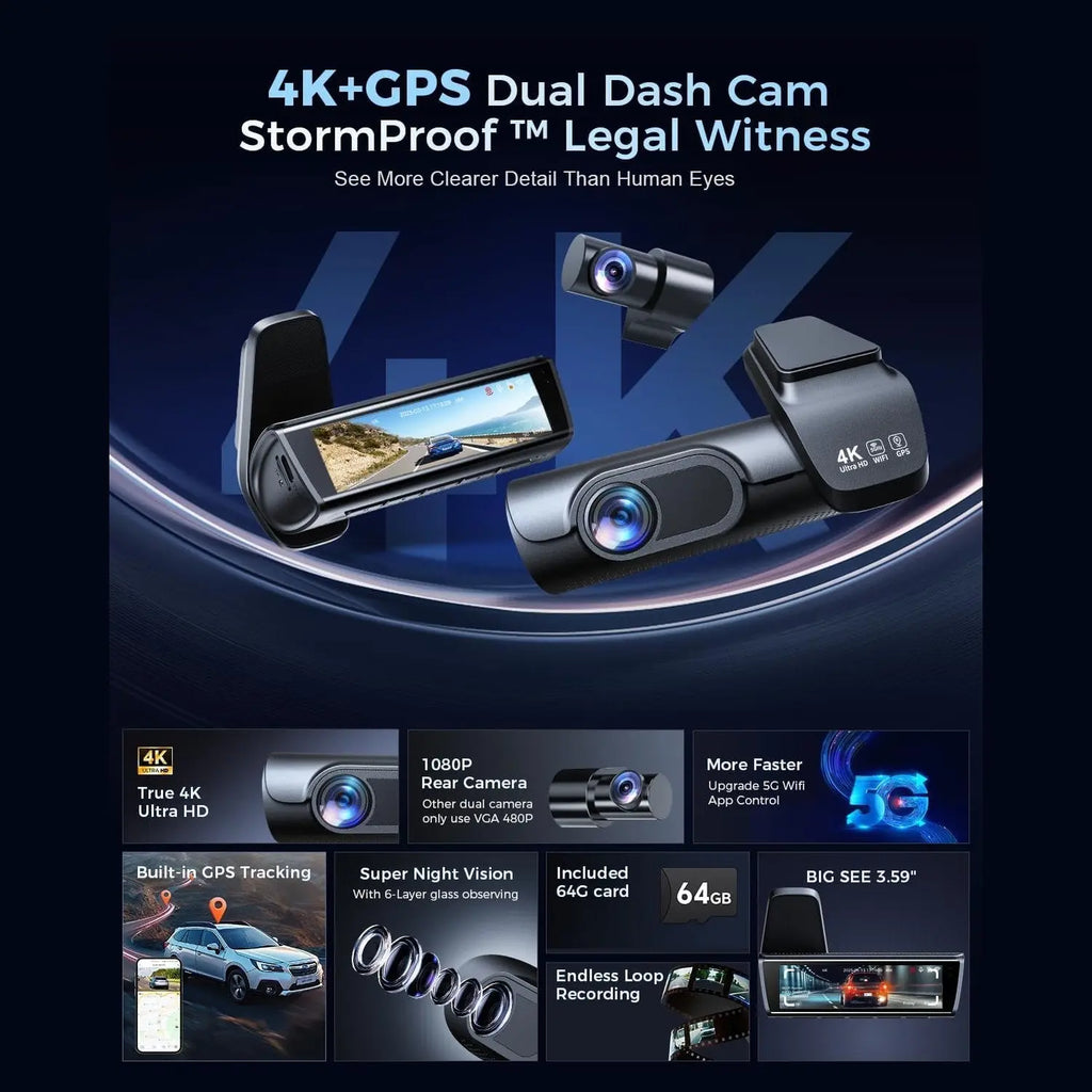 K600 4K Dash Cam Front and Rear, 3.59 Inch IPS Screen, Built-in GPS 5G WiFi Dash Camera for Cars with App, UHD 2160P Night Vision Free 32G SD Card, 170° Wide Angle, HDR, 24H Parking Mode