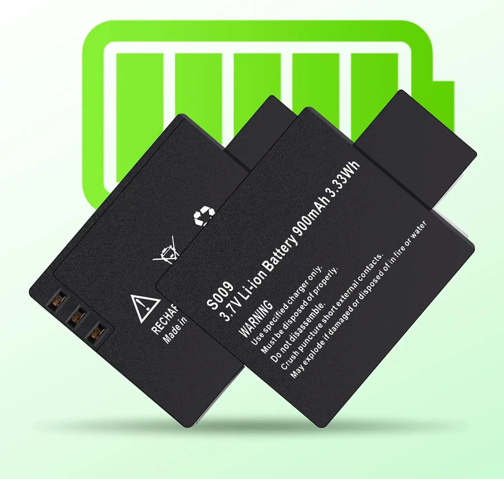 Two black 900mAh rechargeable Li-ion batteries for Jadfezy action camera shown in fan layout