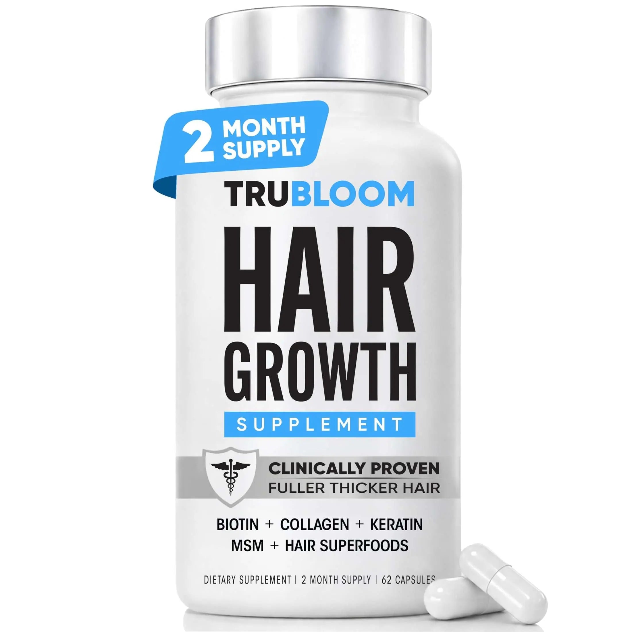 TRU BLOOM 2 month supply hair growth supplement bottle with biotin and collagen