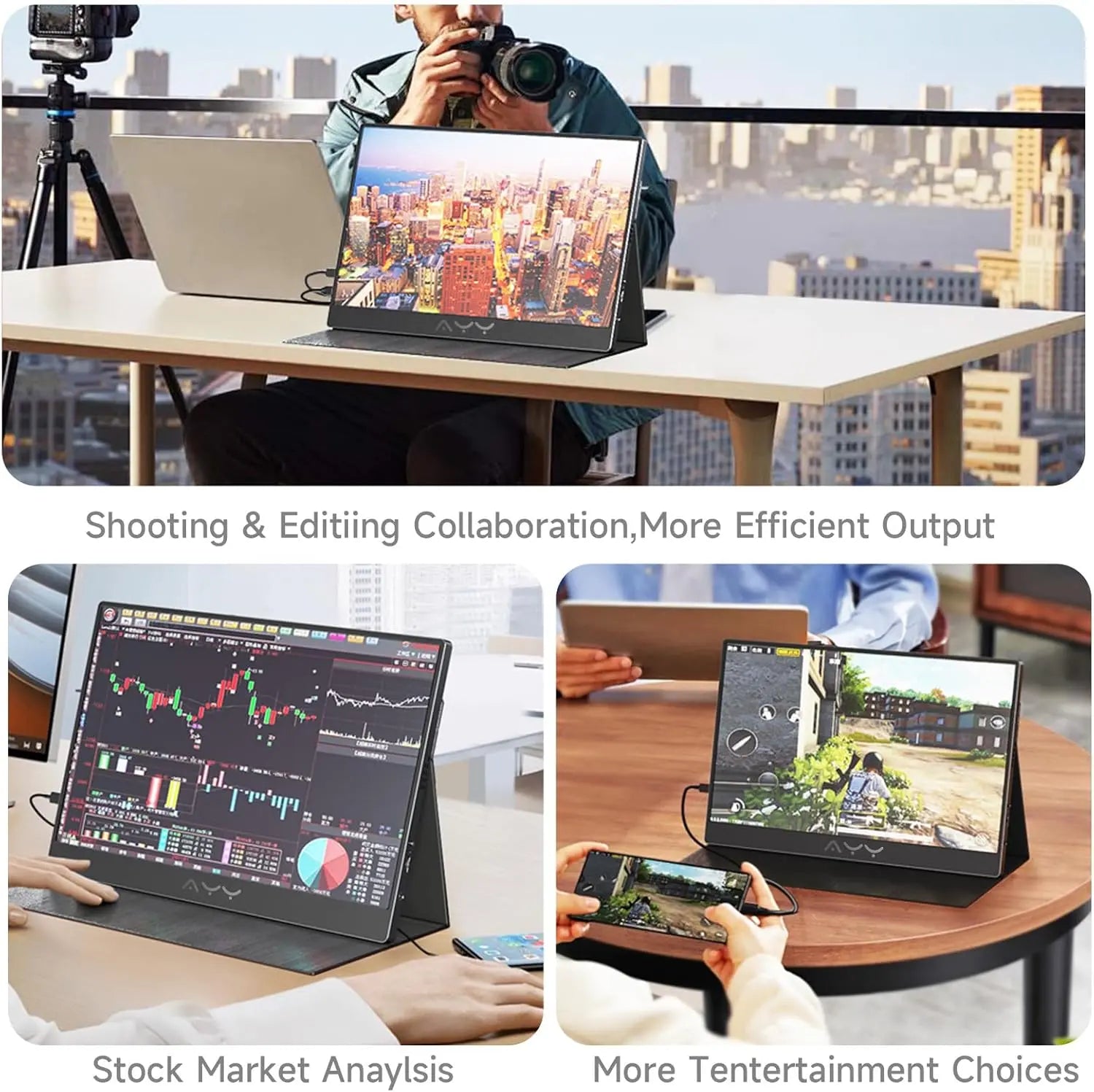 AYY Portable Monitor for Laptop 15 Inch,FHD 1080P USB C Travel Monitor External IPS HDMI for Computer, Second Display Screen Extender with Kickstand for PC Phone Switch PS4/5