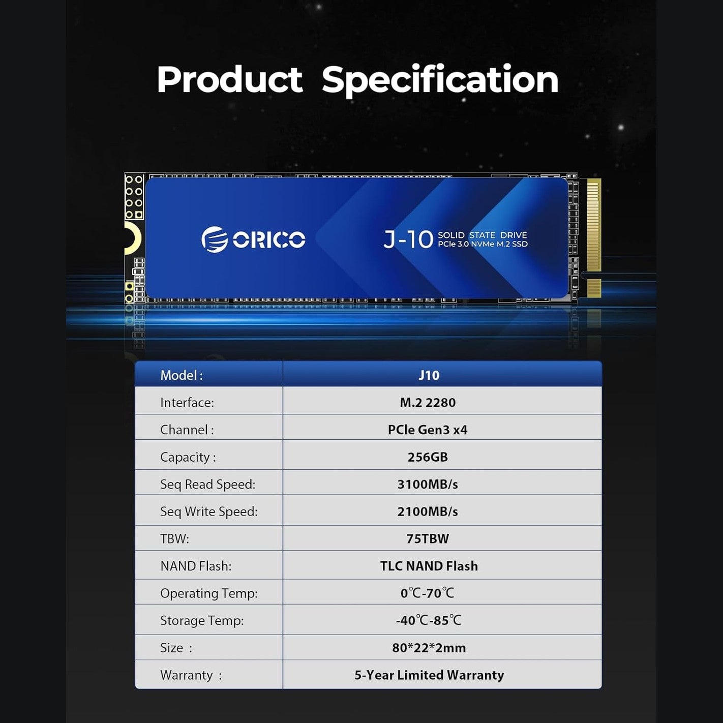 ORICO NVMe M.2 1T PCIe Gen3.0x4 2280, 3D NAND Internal SSD with Heatsink, up to 3100MB/s, Internal Solid State Drive for PC/Console Games and Video Editing-J10