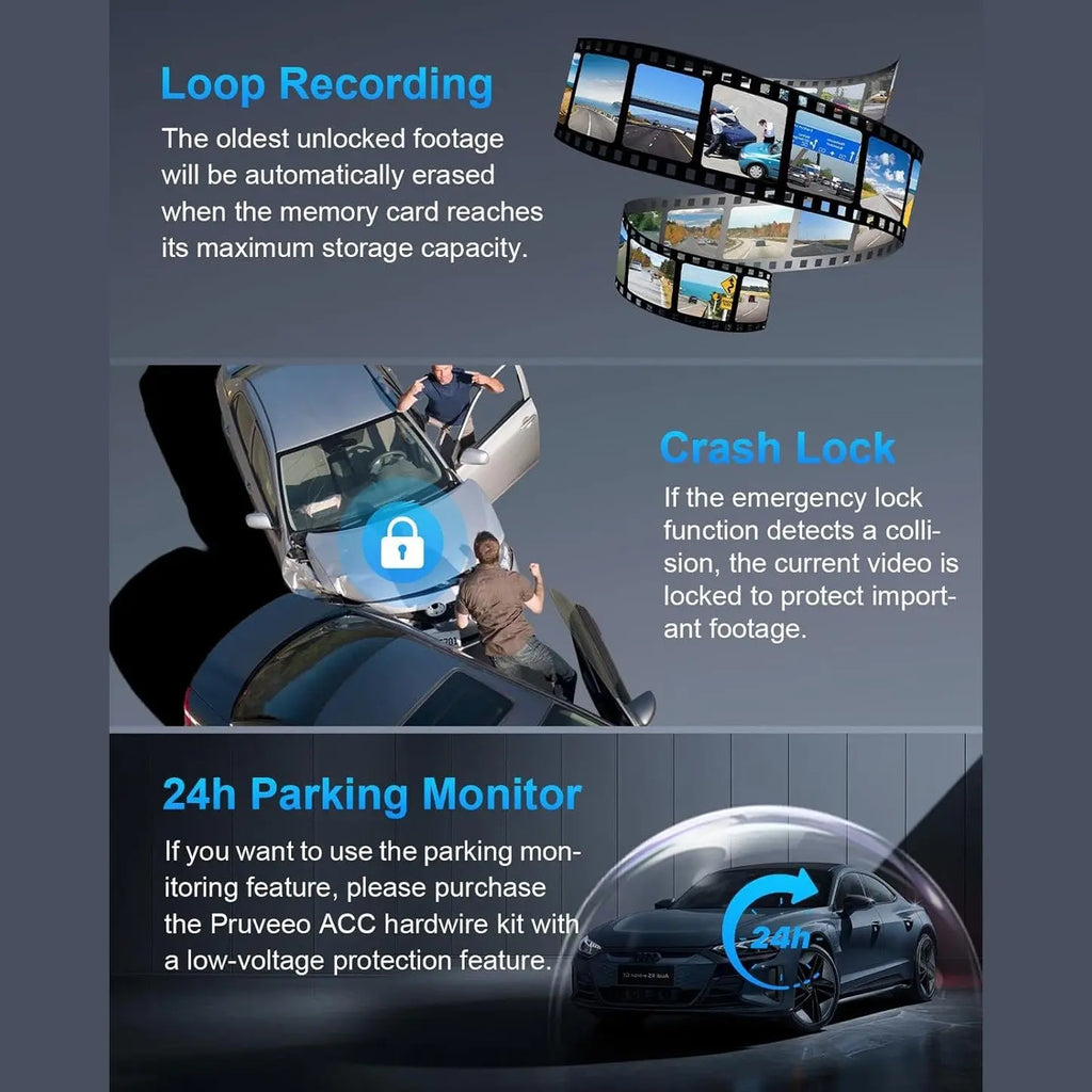 PRUVEEO Dash Cam, 4 Channel Camera FHD 1080Px4, Front, Left, Right and Rear, Front and Rear Inside, Built in GPS WiFi, 256 GB Max, Free 128GB Card, D90-4CH