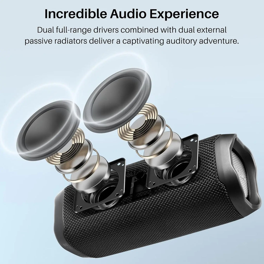 Cutaway view of TOZO PA2 showing dual full-range drivers and passive radiators