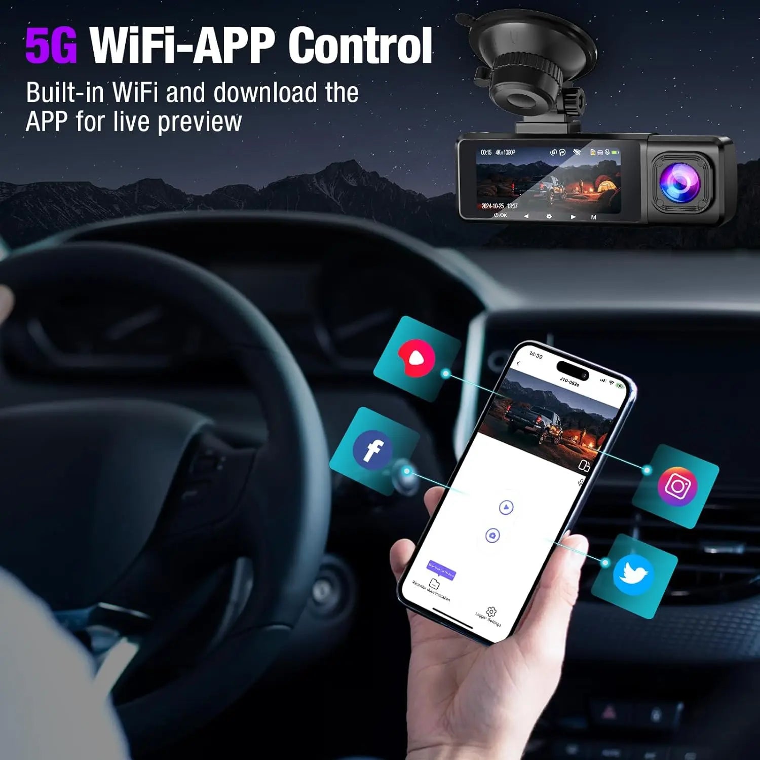 Dash cam with built-in WiFi for live mobile app preview and playback