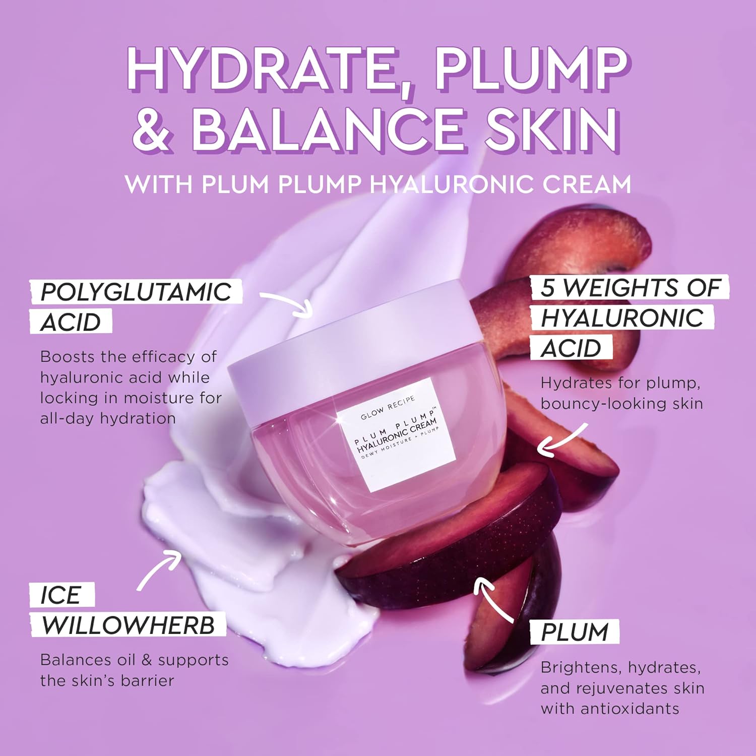 Glow Recipe Plum Plump Hyaluronic Acid Moisturizer Face Cream - Hydrating, Firming & Plumping Face Moisturizer for Dry Skin - Vegan Skin Care with Polyglutamic Peptides to Lock-In Moisture (50ml)