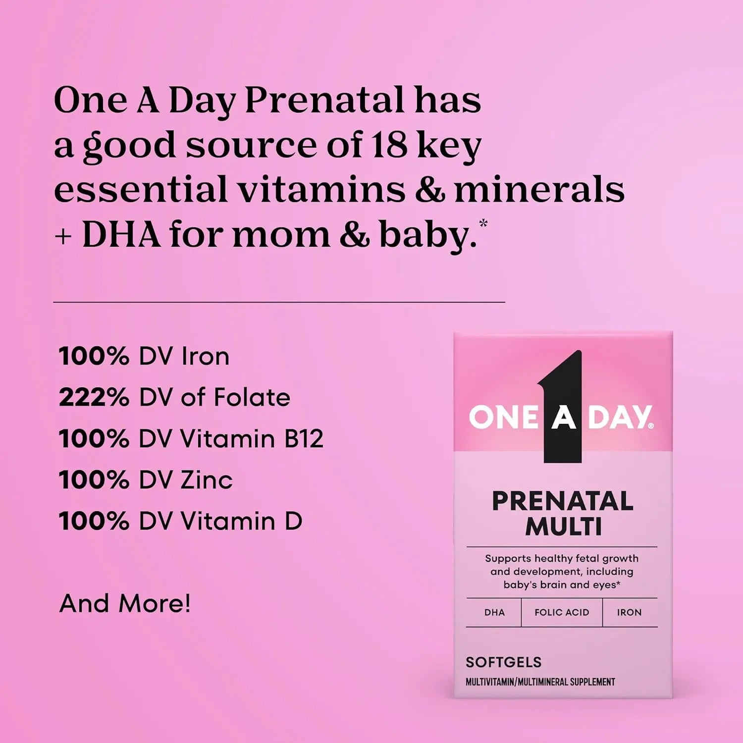 One A Day Prenatal Multi box displaying 18 essential vitamins and minerals for pregnancy