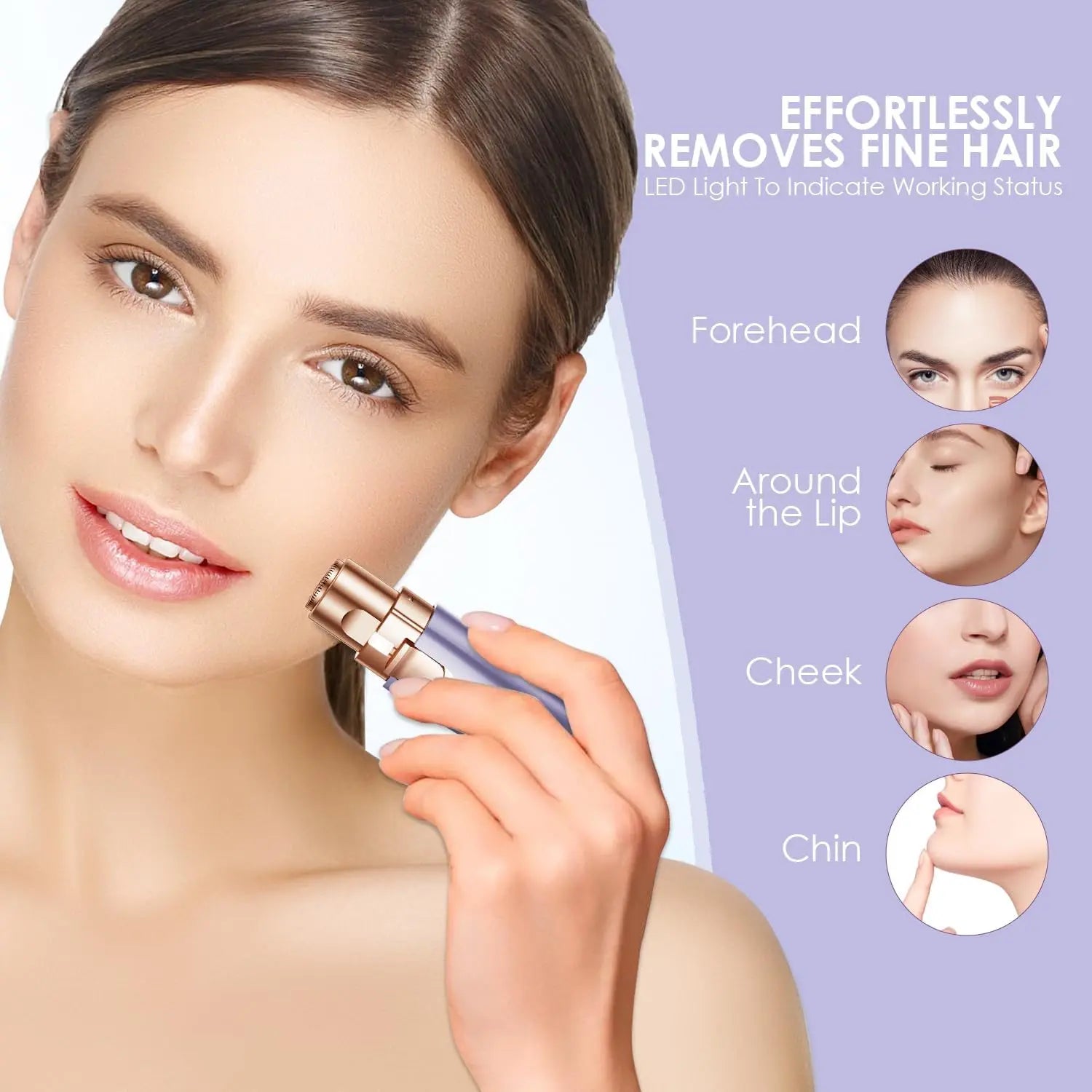 Woman removing peach fuzz from jawline using purple facial shaver with LED indicator