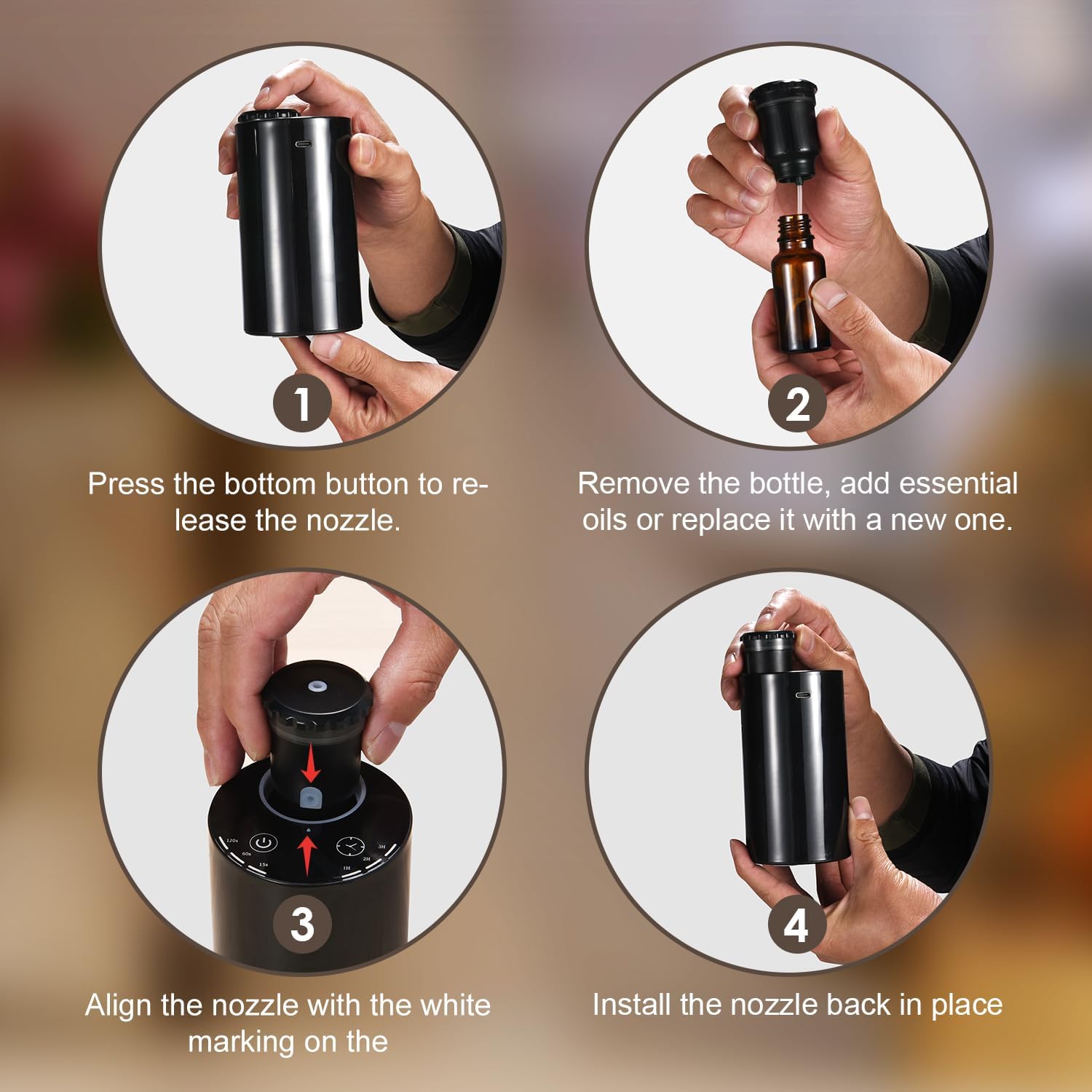 Waterless Diffuser for Essential Oil Nebulizer ，Battery Operated Mini Scent Air Machine ，Aromatherapy Atomizing Diffuser for Home Room Cars Office Black