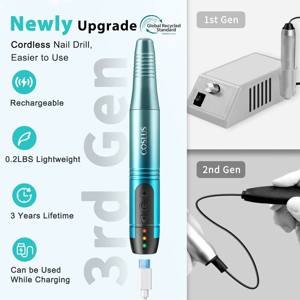 COSLUS Cordless Nail Drill Electric File: Professional for Acrylic Gel Dip Powder Nails Portable Nail Drill Machine Kit for Manicure Pedicure Nail Set with Everything Rechargeable Lightweight Blue