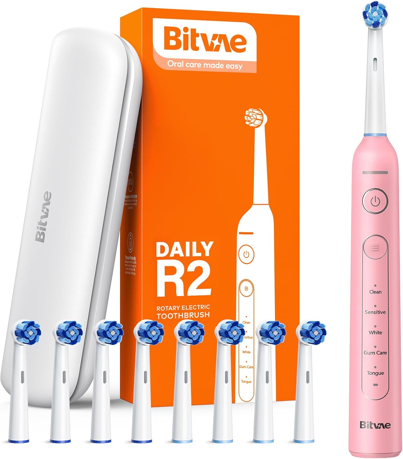 Bitvae R2 Rotating Electric Toothbrush for Adults with 8 Brush Heads, Travel Case, 5 Modes Rechargeable Power Toothbrush with Pressure Sensor, 3 Hours Fast Charge for 30 Days, Pink
