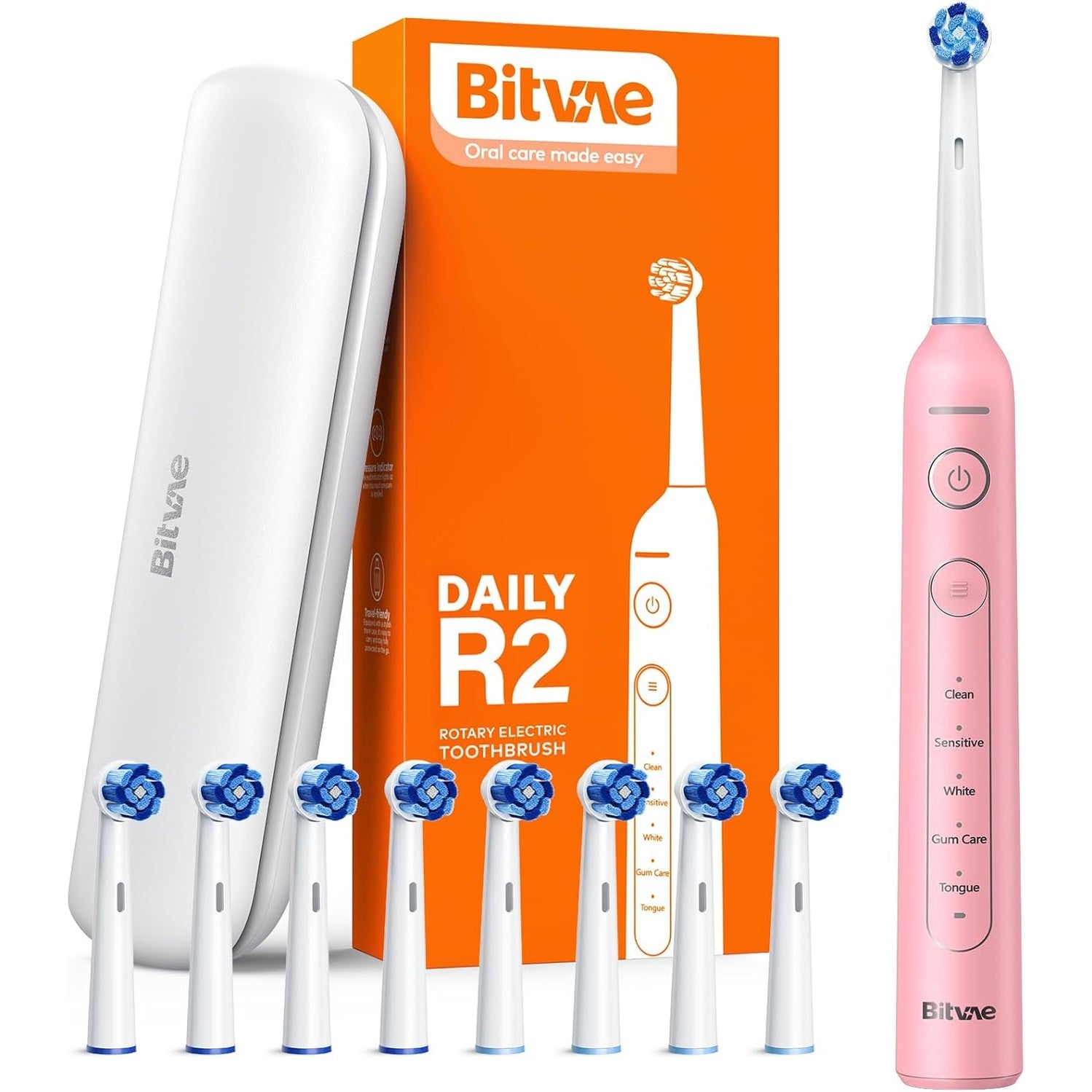 Bitvae R2 Rotating Electric Toothbrush for Adults with 8 Brush Heads, Travel Case, 5 Modes Rechargeable Power Toothbrush with Pressure Sensor, 3 Hours Fast Charge for 30 Days, Pink