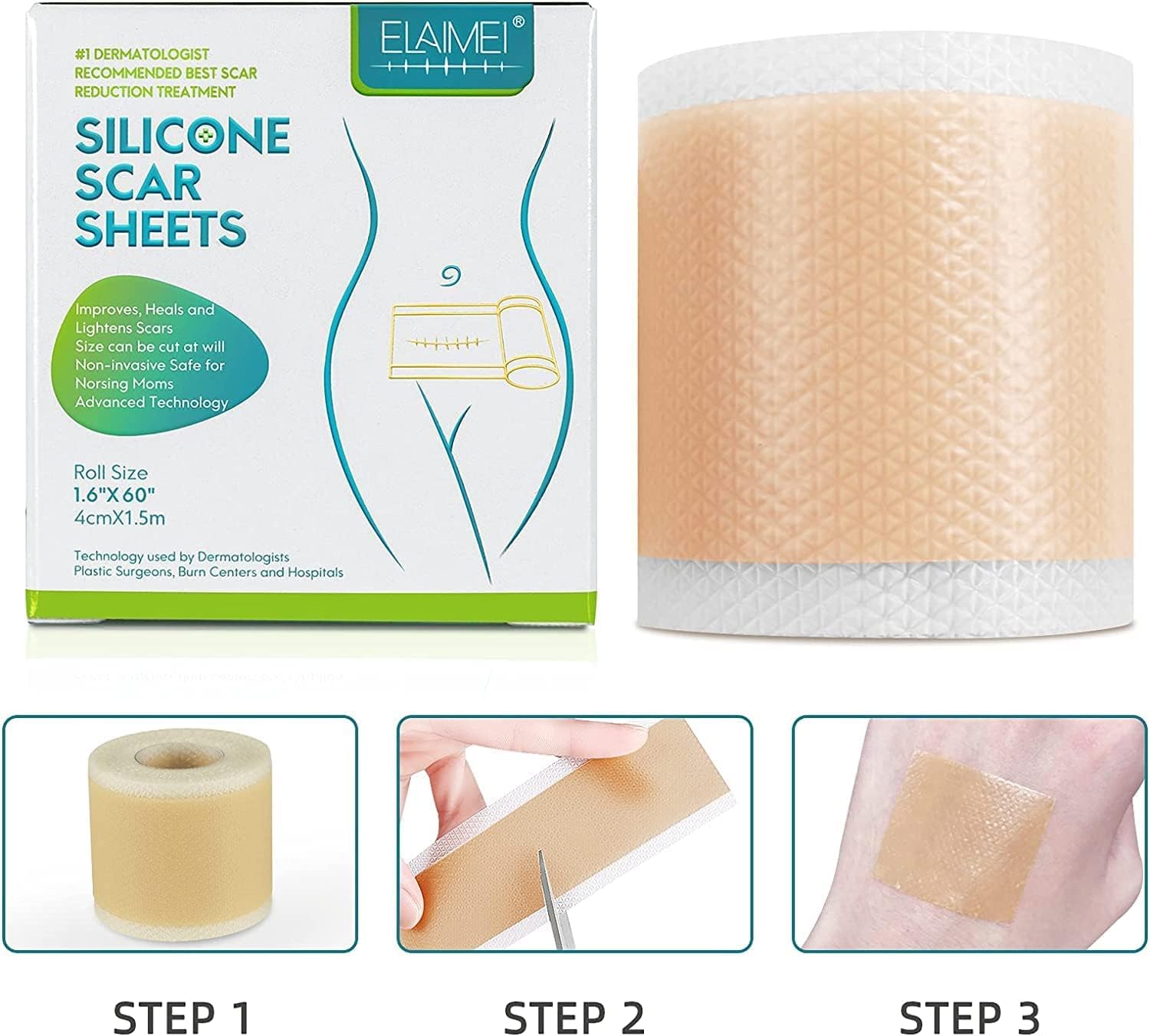 Wifamy Silicone Scar Sheets(1.6'' x 60''Roll-1.5M) - Soft Silicone Gel Scar Tape Painless Silicone Tape Roll - Effective Silicone Scar Removal Strips Sheets for C-Section & Keloid Surgery, Burn, Acne