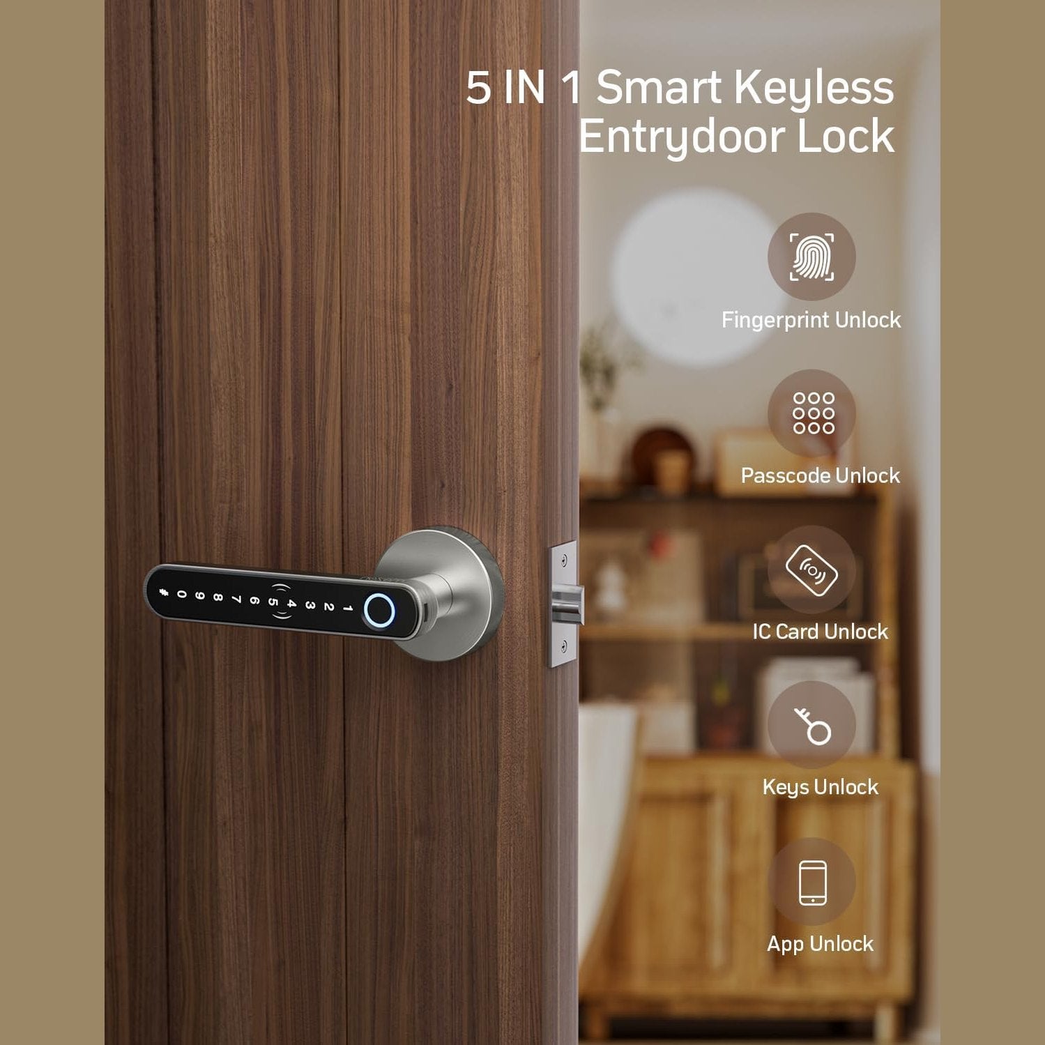 Smart Fingerprint Door Lock Knob - TMZON Keyless Entry Door Lock with Handle 5 in 1 with APP/IC Cards/Codes/Keys/Fingerprints Biometric Electronic Keyless Entry Lock for Bedroom Home Hotel Office