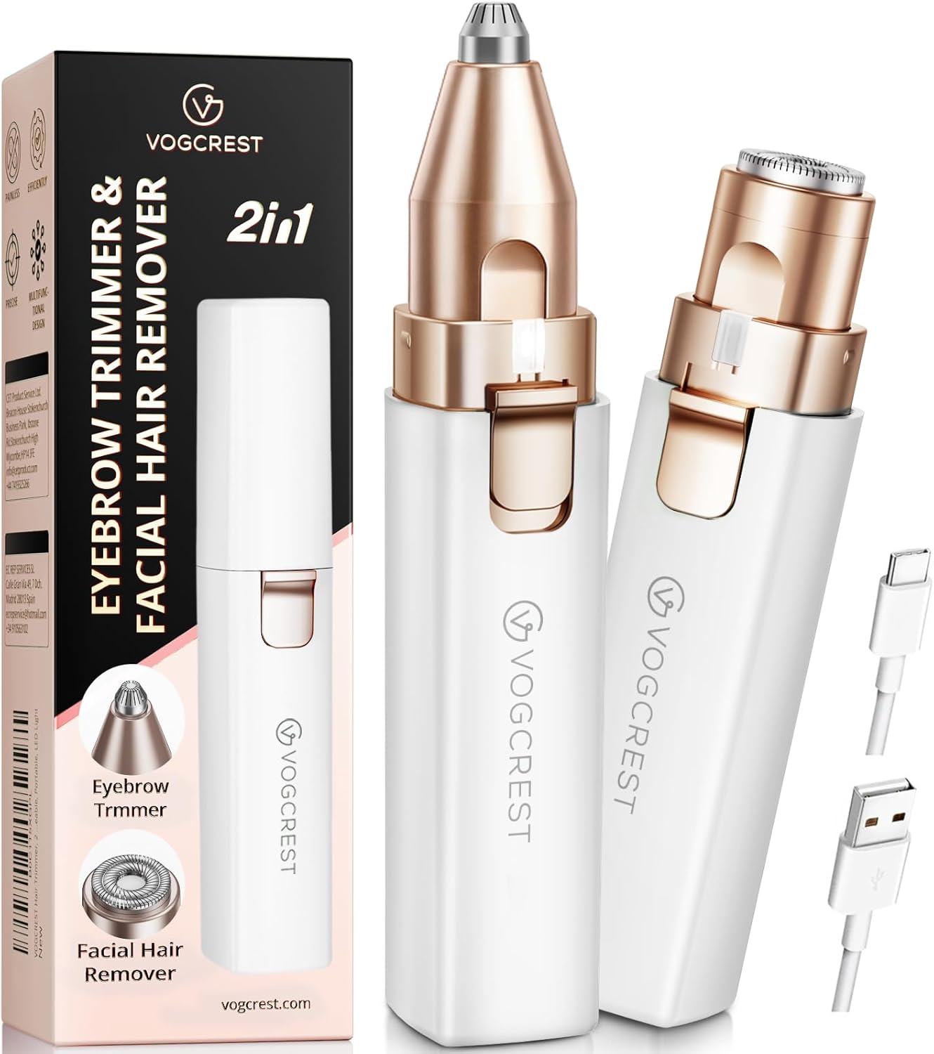 Portable Eyebrow Trimmer & Facial Hair Removal for Women, Rechargeable 2 in 1 Hair Remover and Eyebrow Razor, Eyebrow Lips Body Facial Hair Remover for Women with Built-in LED Light (White)