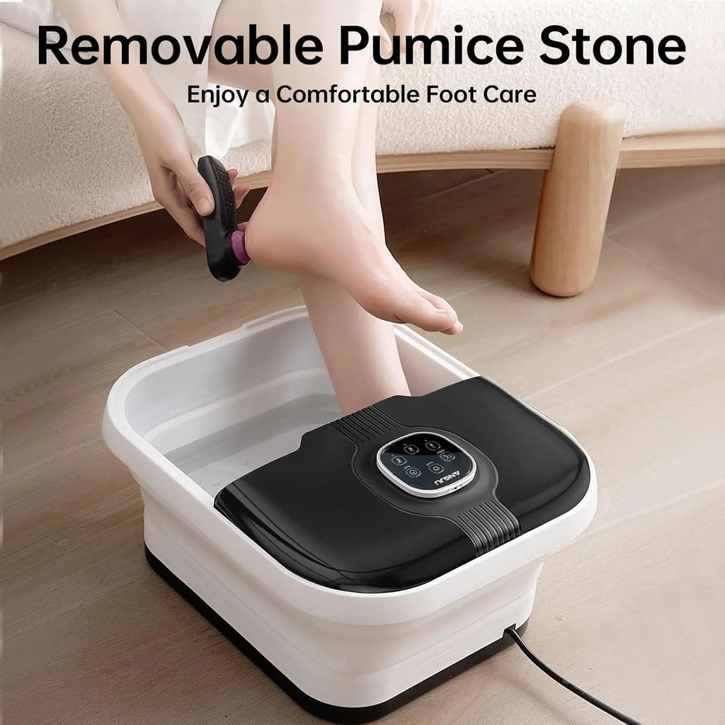 Angju Collapsible Foot Spa with Heat, Remote Temperature Control and Bubble, 6 Massage Rollers, Timer and Pumice Stone, Electric Pedicure Foot Spa Machine for Feet Stress Relief