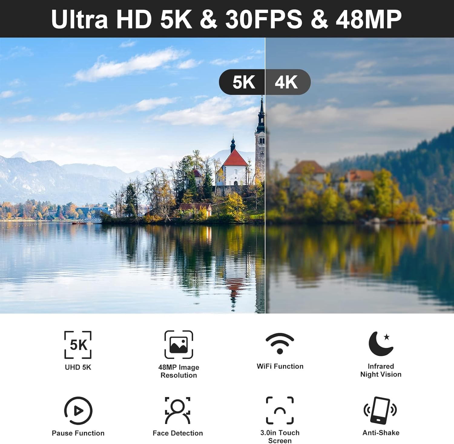 5K Video Camera Camcorder, 48MP Wifi IR Night Vision Vlogging Camera, 16X Digital Zoom Touchscreen Camera, 6Axis Anti-Shake with External Microphone, Lens Hood, Stabiliser, Remote Control &2 Batteries