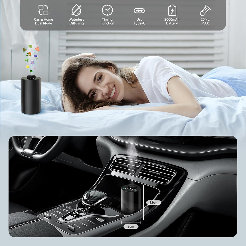 Wasserloser Diffusor, Aromatherapie Zerstäubungsdiffusor, 10/30/90s Sprüheinstellung, Timer & Ätherisches Öl Diffusor Batteriebetrieben Hält 10 h, Super Leise und dichter Nebel für Auto,Raum,Büro