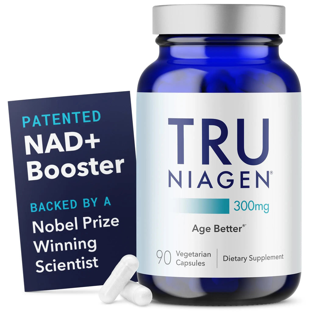 TRU NIAGEN 300mg 90 count bottle with white capsules and card featuring patent and scientist endorsement