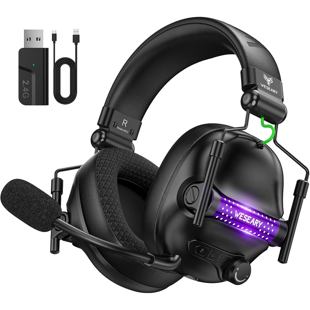 WESEARY WG2 Wireless Gaming Headsets with Microphone for PS5, PS4, PC, Switch, Mac, Crystal Stereo Bluetooth Headphones, PS5 Headset Wireless 2.4GHz with Lossless Audio, 50 Hr Battery, Cool RGB
