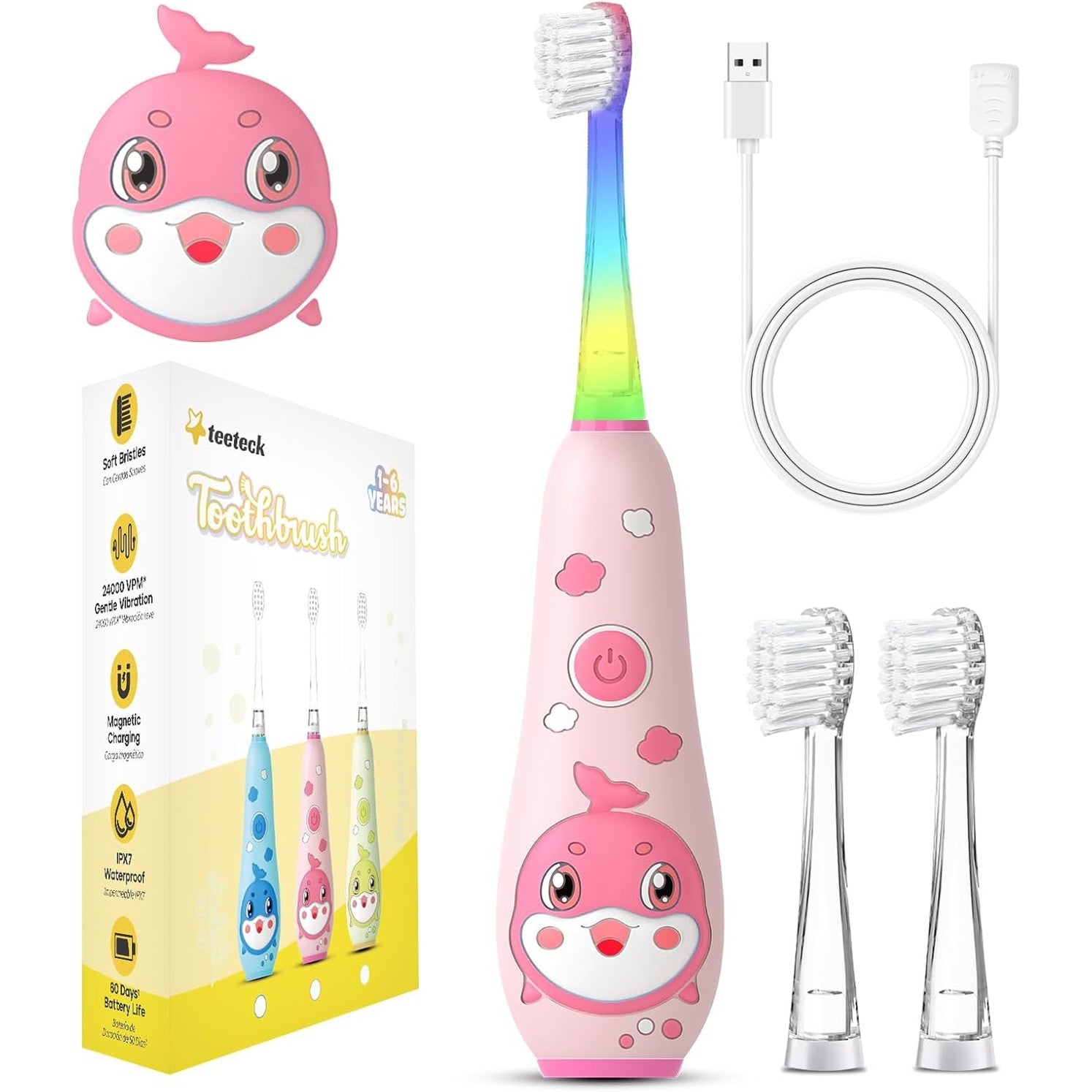 Teeteck SG2139 Electric Toothbrush for Children - Sonic Toothbrush Baby 1-6 Years with Rainbow LED Light, with 2 Brush Heads, Magnetic USB Charging Cable, IPX7 Waterproof, Pink