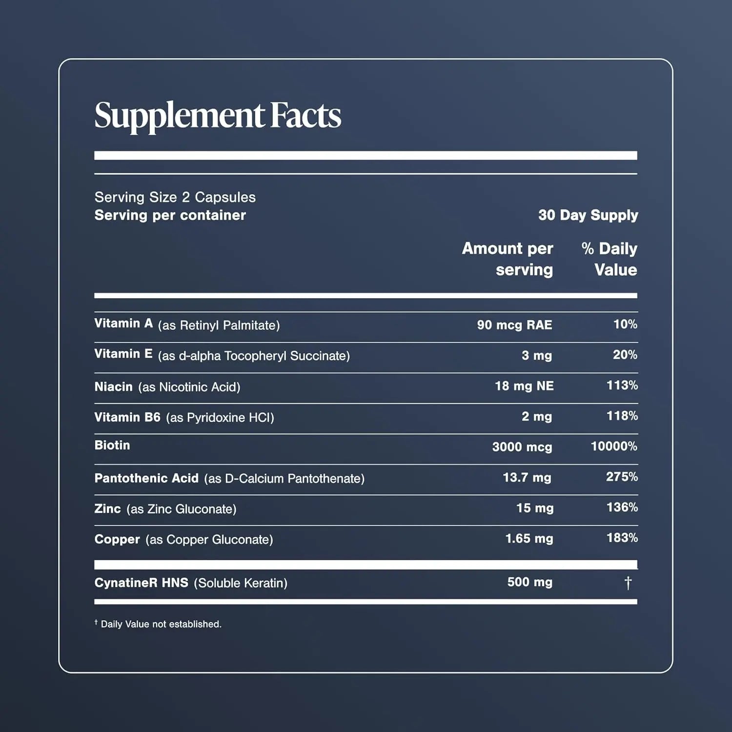 Viviscal 4D hair supplement facts label showing biotin keratin zinc and vitamin A serving size