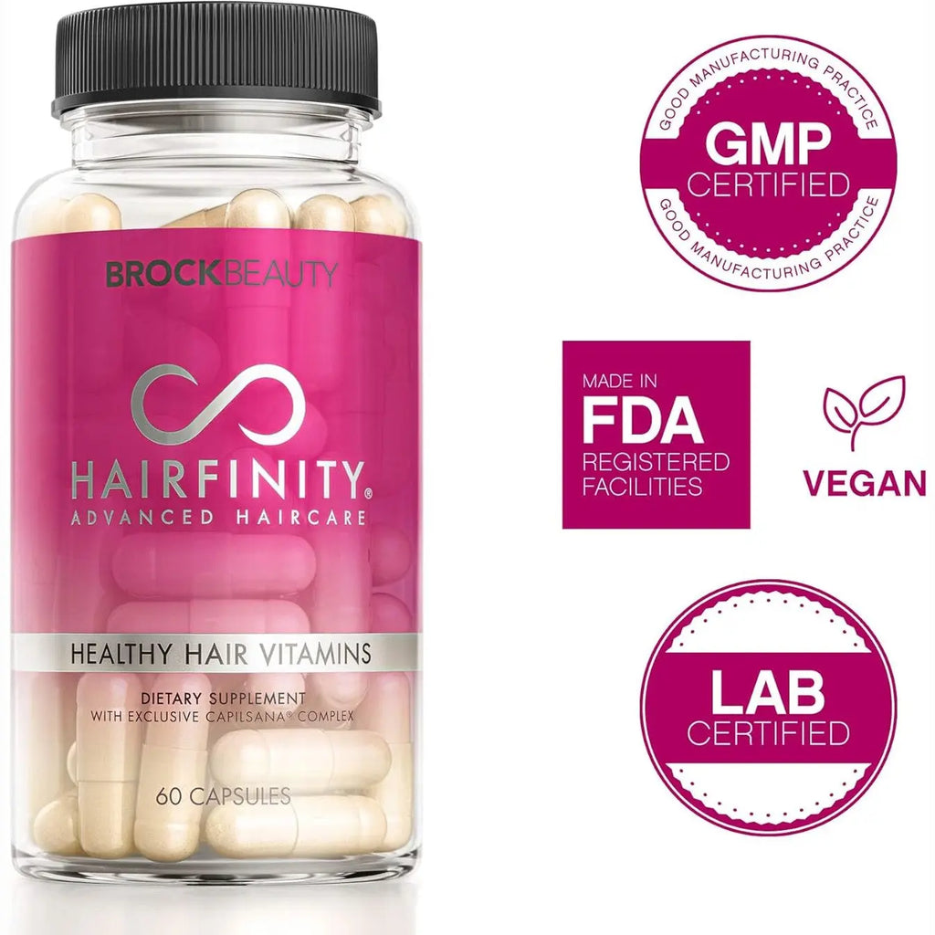 Hairfinity vegan hair vitamins bottle displaying GMP certified FDA registered lab tested badges