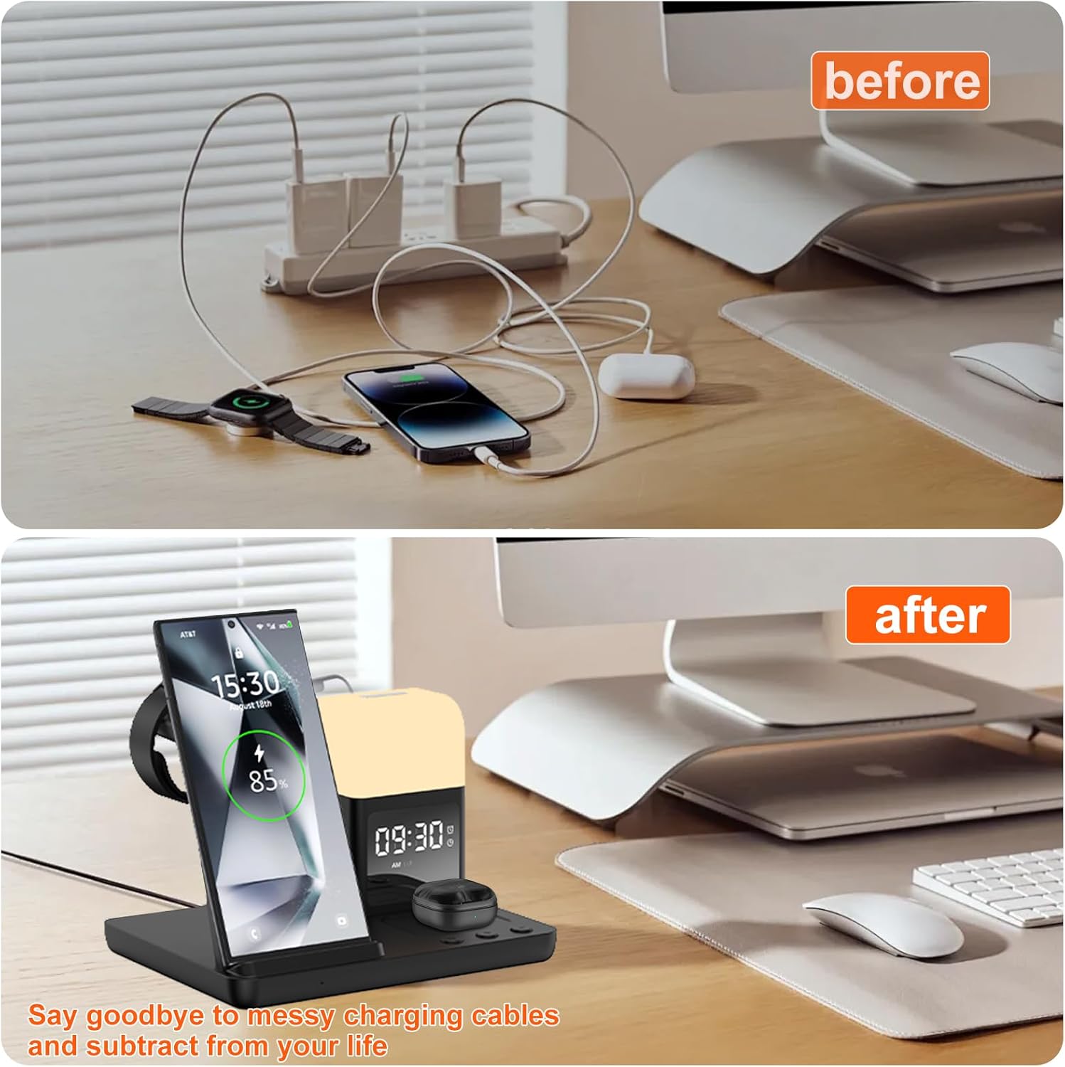 Wireless Charger for Samsung/Android Charging Station, 6 in 1 Fast Watch Charger with Alarm Clock-Night Light, Compatible for Galaxy S25 Ultra/S24/S23, Only for Samsung Watch7, Galaxy Buds3 Pro(Black)