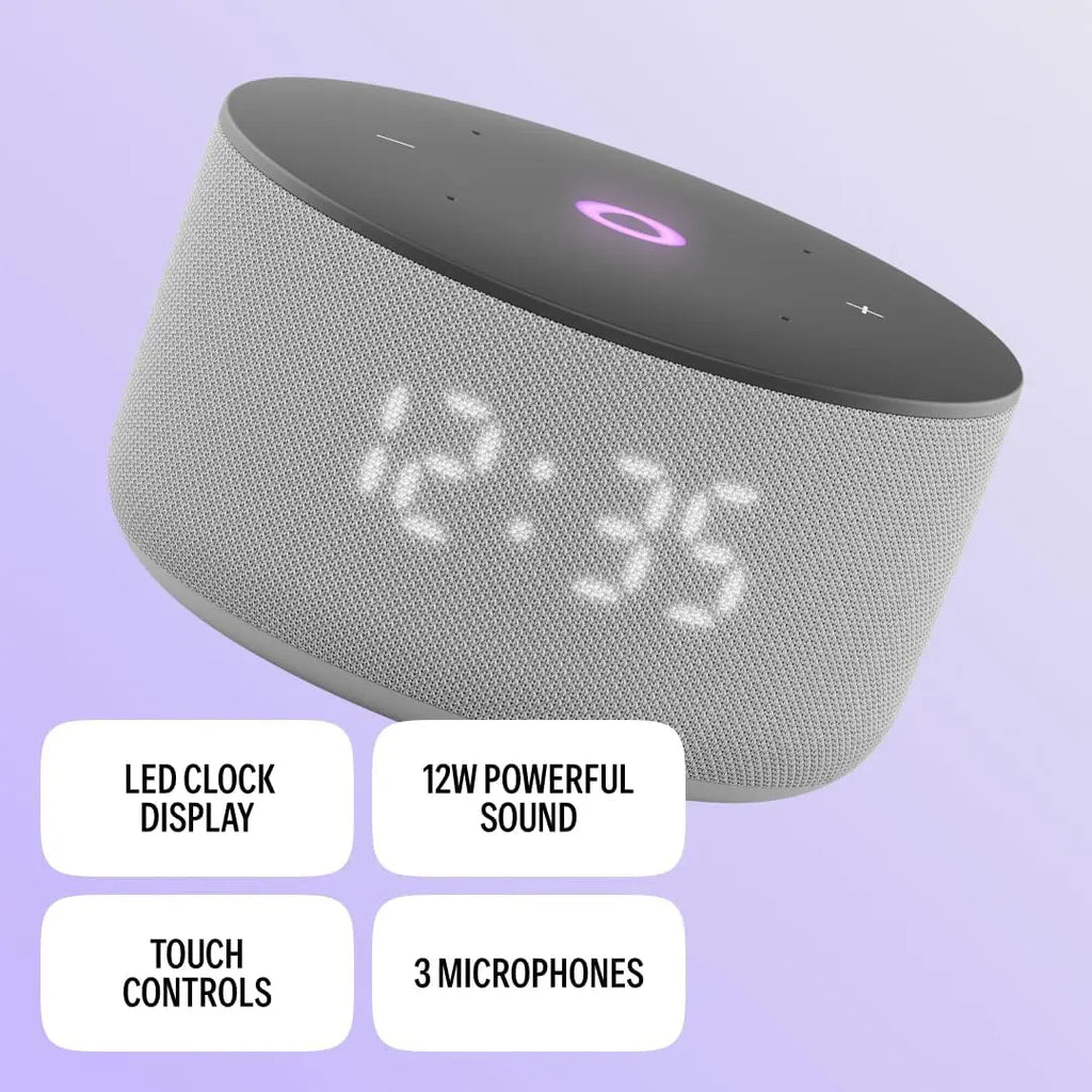 Yango Yasmina Smart Speaker, AI Buddy, Arabic and English, 12W Sound, LED Display, Compact Speaker for Dorm Room and Small Apartment, Grey