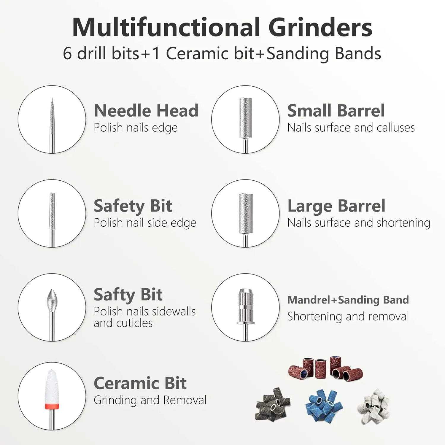 Diagram of 6 multifunctional drill bits and ceramic bit for acrylic gel nail filing and polishing
