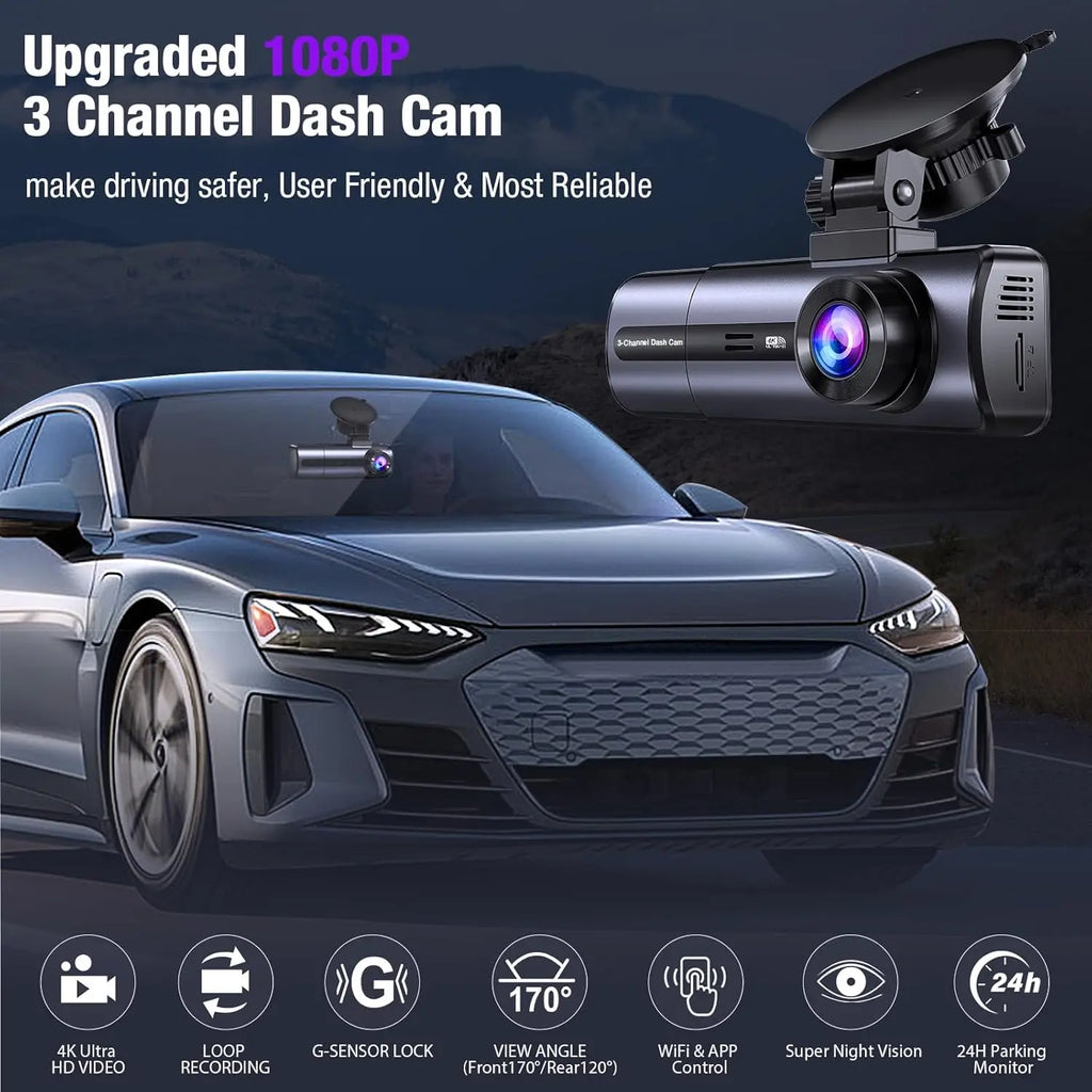 Upgraded 1080P triple channel dash camera with night vision and G-sensor