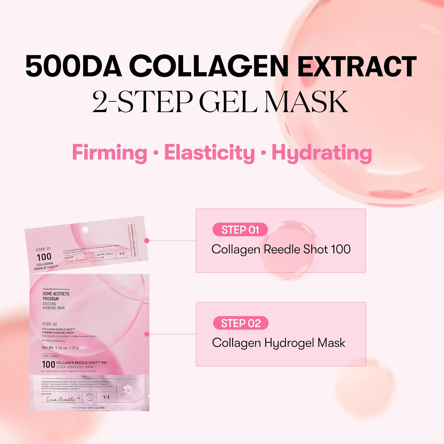 VT COSMETICS Collagen Reedle Shot 100 2-Step Hydrogel Mask(34.5gx4ea) | Intensive Firming, Exosome 500Da Collagen, Fine Lines, Overnight Melting Mask, Korean Facial Mask