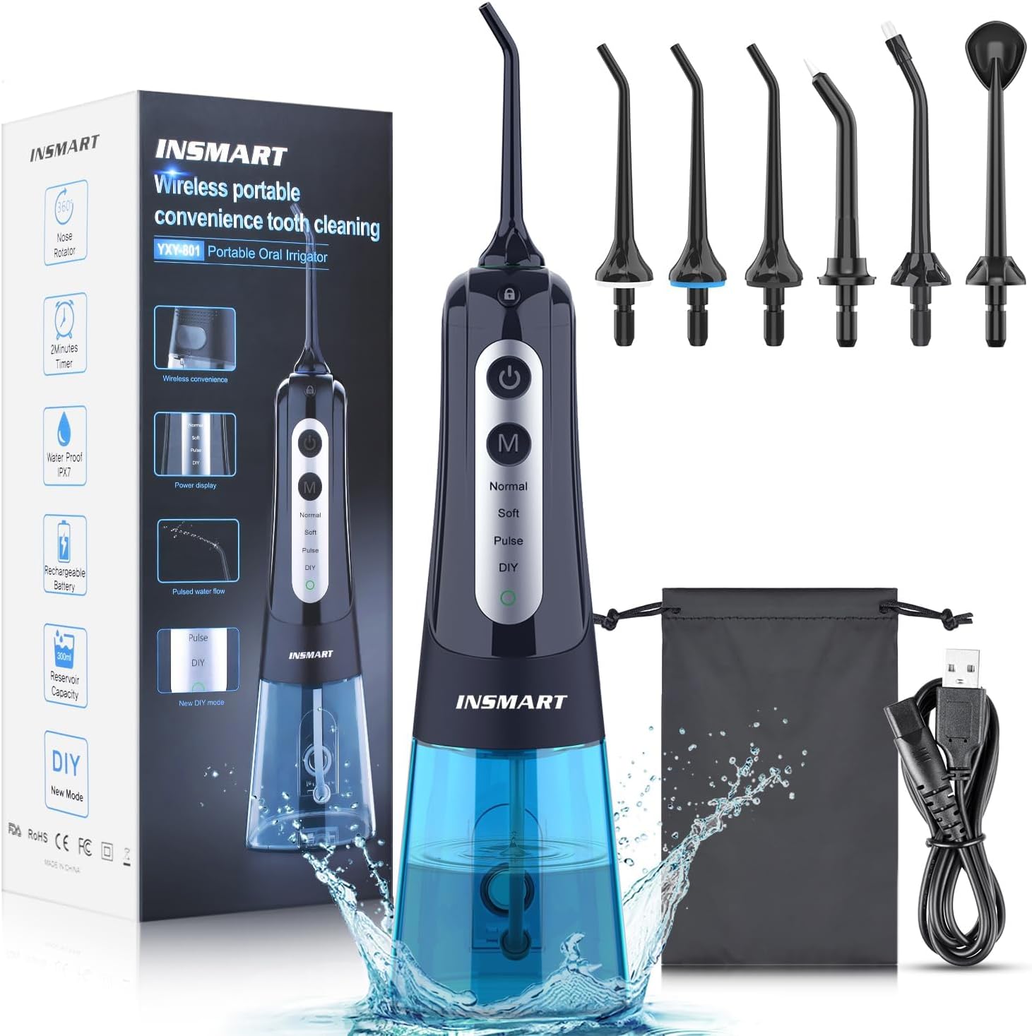 INSMART Cordless Water Flosser Teeth Cleaner, INSMART Professional 300ML Tank DIY Mode USB Rechargable Dental Oral Irrigator for Home and Travel, IPX7 Waterproof 3 Modes Water Flosser for Oral Care