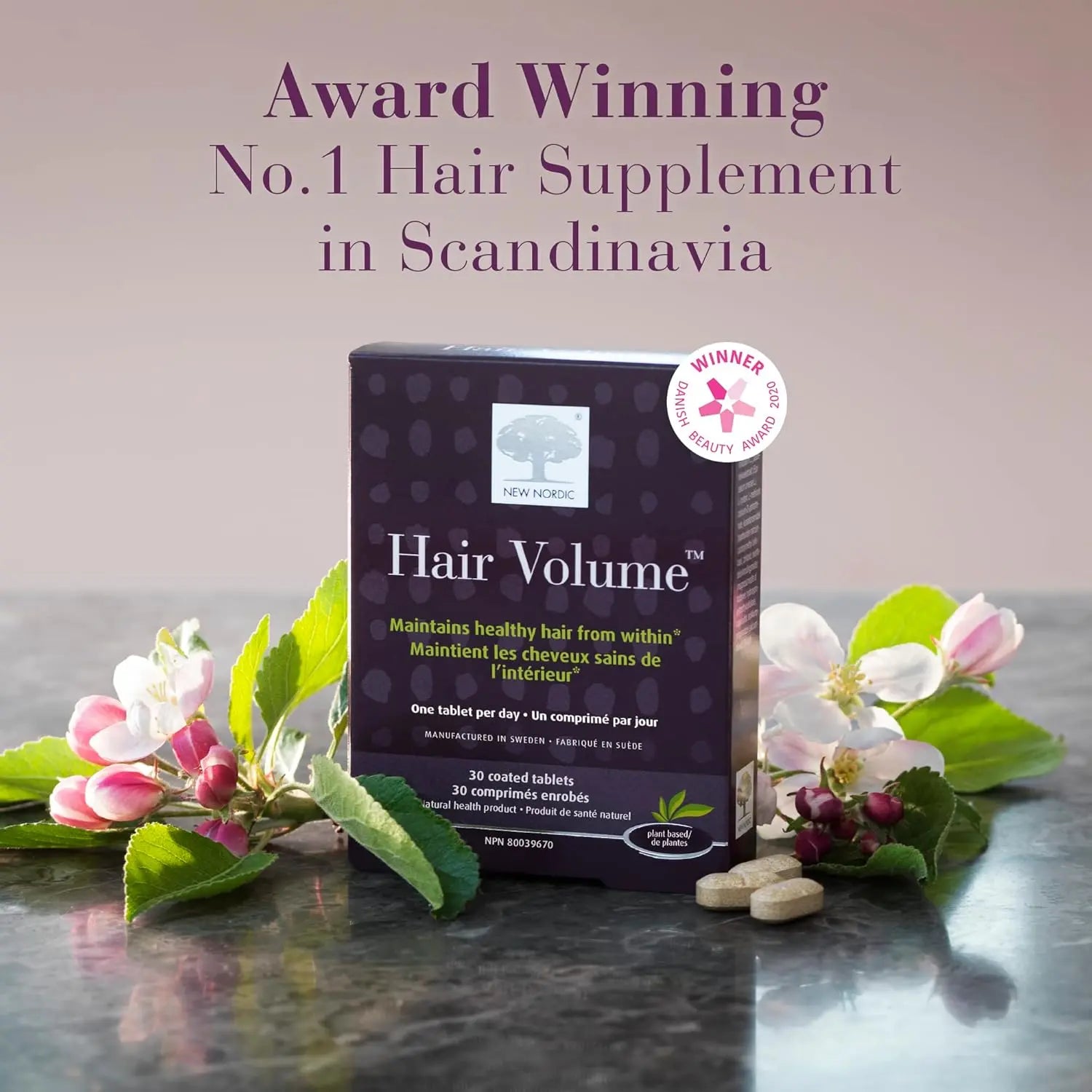 New Nordic Hair Volume Tablets, 3000 mcg Biotin & Biopectin Apple Extract, Hair Vitamins to Support Natural Hair Growth, 30 Count (Pack of 1)