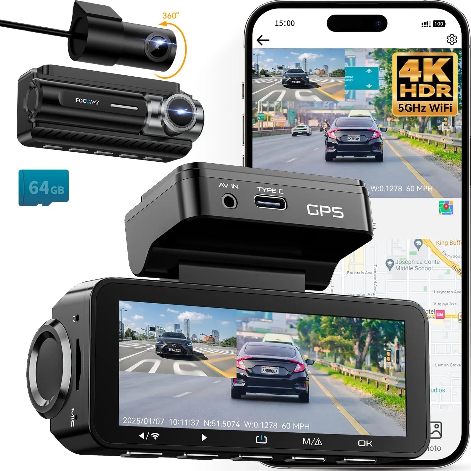 Dash Cam Front Rear 4K Built-in GPS 5GHz WiFi, 3.39’’ IPS Screen, Voice Control, Dual Dash Camera for Cars Free 64GB SD Card, Super Night Vision, 24H Parking Monitor, Supercapacitor, Type C, (3.39)