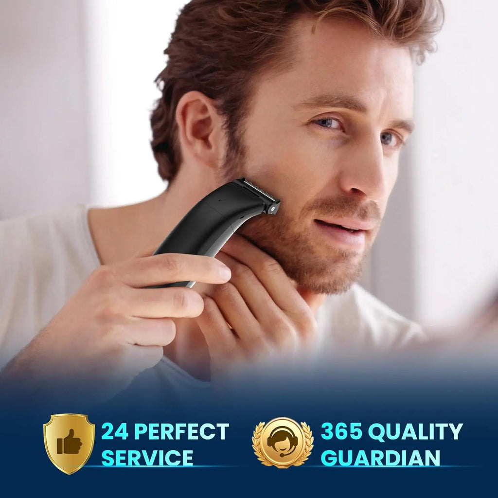 Man using black cordless trimmer on jawline for precise facial stubble removal